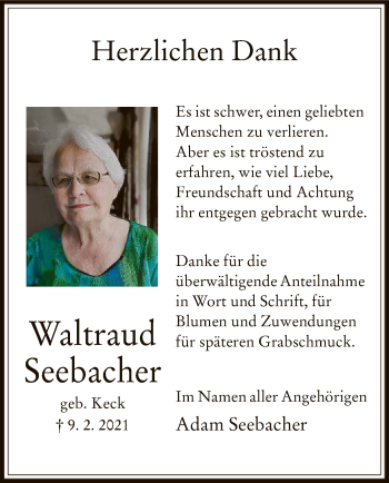 Todesanzeige von Waltraud Seebacher von OF