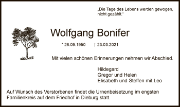 Todesanzeige von Wolfgang Bonifer von OF
