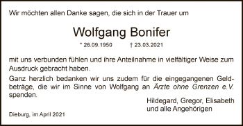 Todesanzeige von Wolfgang Bonifer von OF