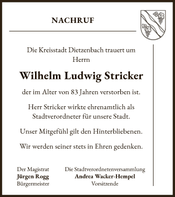 Todesanzeige von Wilhelm Ludwig Stricker von OF