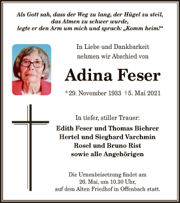 Todesanzeige von Adina Feser von OF