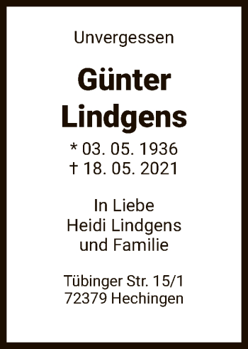 Todesanzeige von Günter Lindgens von OF