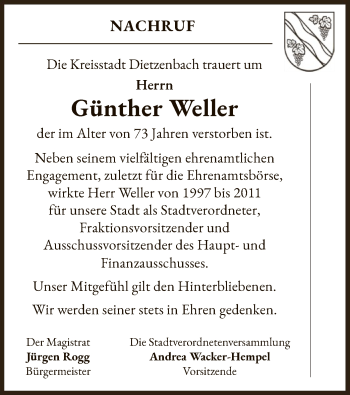 Todesanzeige von Günther Weller von OF