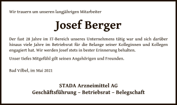 Todesanzeige von Josef Berger von OF