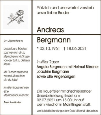 Todesanzeige von Andreas Bergmann von OF