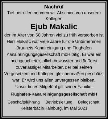 Todesanzeige von Ejub Makalic von OF