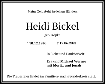 Todesanzeige von Heidi Bickel von OF