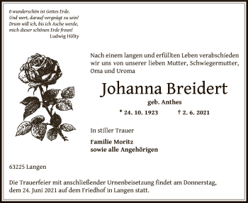 Todesanzeige von Johanna Breidert von OF