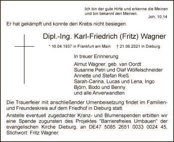 Todesanzeige von Karl-Friedrich Wagner von OF