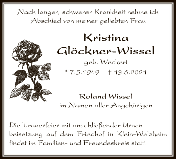 Todesanzeige von Kristina Glöckner-Wissel von OF