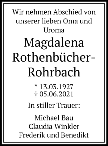 Todesanzeige von Magdalena Rothenbücher-Rohrbach von OF