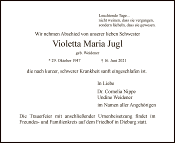 Todesanzeige von Violetta Maria Jugl von OF