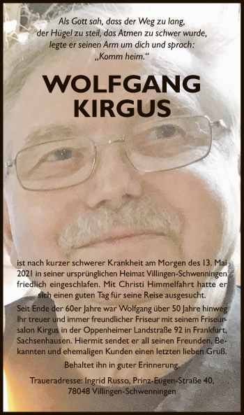 Todesanzeige von Wolfgang Kirgus von OF