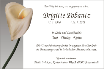 Todesanzeige von Brigitte Pobantz von OF