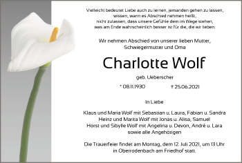 Todesanzeige von Charlotte Wolf von OF