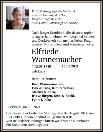 Todesanzeige von Elfriede Wannemacher von OF
