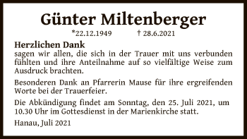 Todesanzeige von Günter Miltenberger von OF