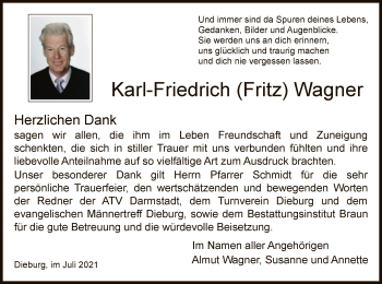 Todesanzeige von Karl-Friedrich Wagner von OF
