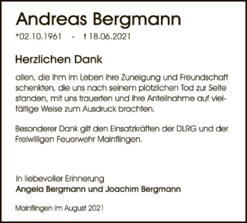Todesanzeige von Andreas Bergmann von OF