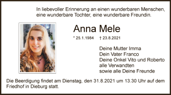 Todesanzeige von Anna Mele von OF