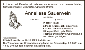 Todesanzeige von Anneliese Sauerwein von OF