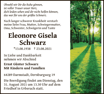 Todesanzeige von Eleonore Gisela Schwarz von OF