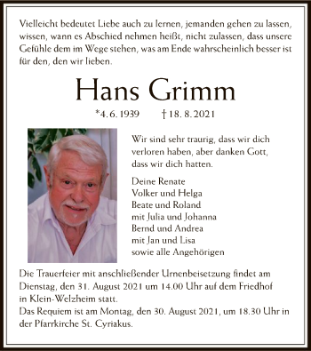 Todesanzeige von Hans Grimm von OF