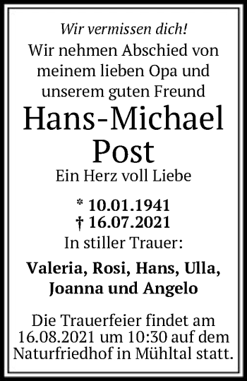 Todesanzeige von Hans-Michael Post von OF