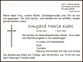 Todesanzeige von Irmgard Maria Kahl von OF