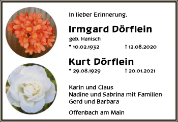 Todesanzeige von Irmgard und Kurt Dörflein von OF