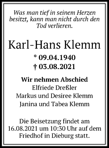 Todesanzeige von Karl-Hans Klemm von OF