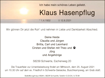 Todesanzeige von Klaus Hasenpflug von OF