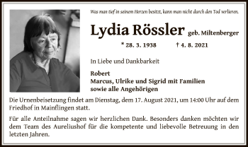 Todesanzeige von Lydia Rössler von OF