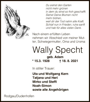 Todesanzeige von Wally Specht von OF