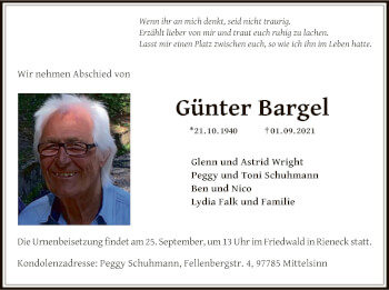 Todesanzeige von Günter Bargel von OF