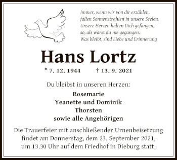 Todesanzeige von Hans Lortz von OF