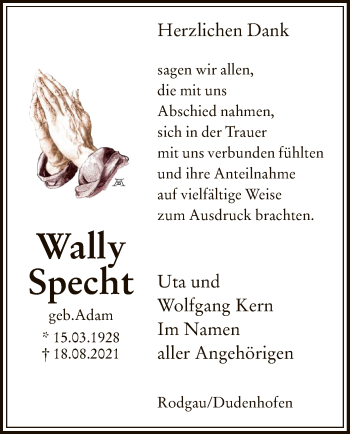 Todesanzeige von Wally Specht von OF