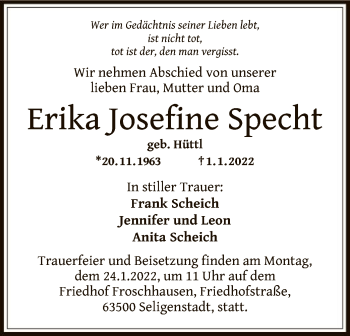 Todesanzeige von Erika Josefine Specht von OF