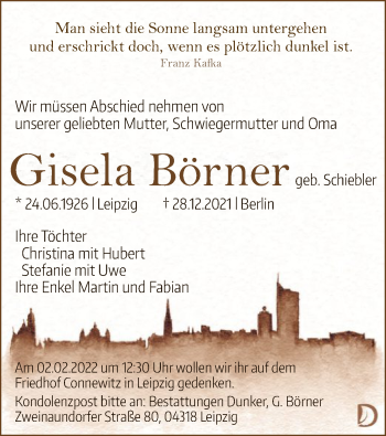 Todesanzeige von Gisela Börner von OF