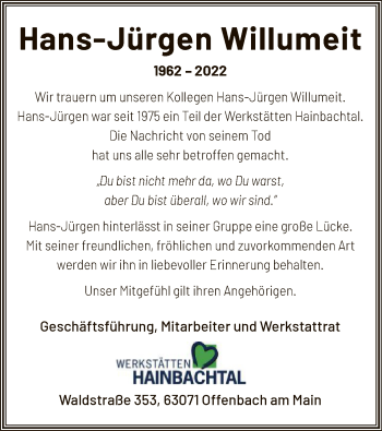 Todesanzeige von Hans-Jürgen Willumeit von OF