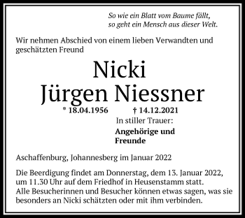 Todesanzeige von Jürgen Niessner von OF