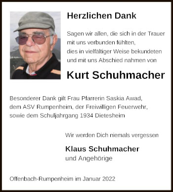 Todesanzeige von Kurt Schuhmacher von OF