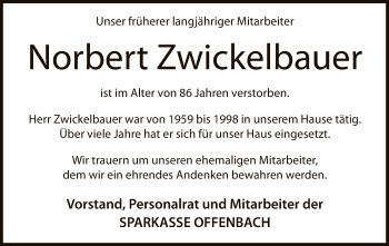 Todesanzeige von Norbert Zwickelbauer von OF