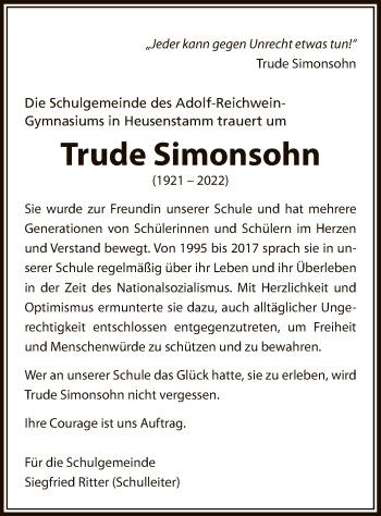 Todesanzeige von Trude Simonsohn von OF