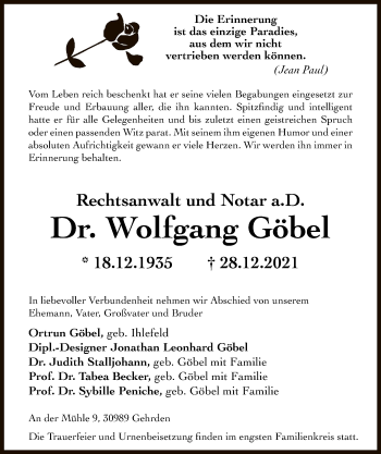 Todesanzeige von Wolfgang Göbel von OF