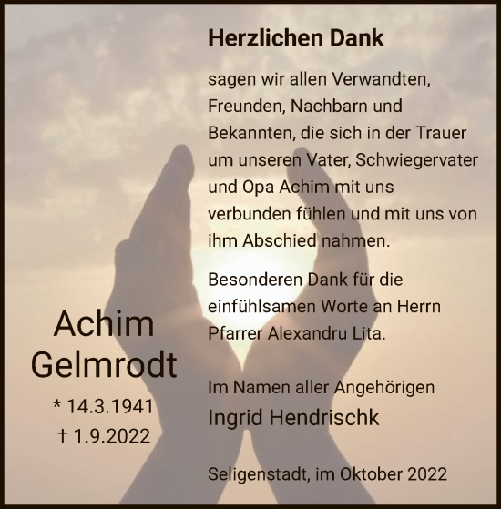 Todesanzeige von Achim Gelmrodt von OF