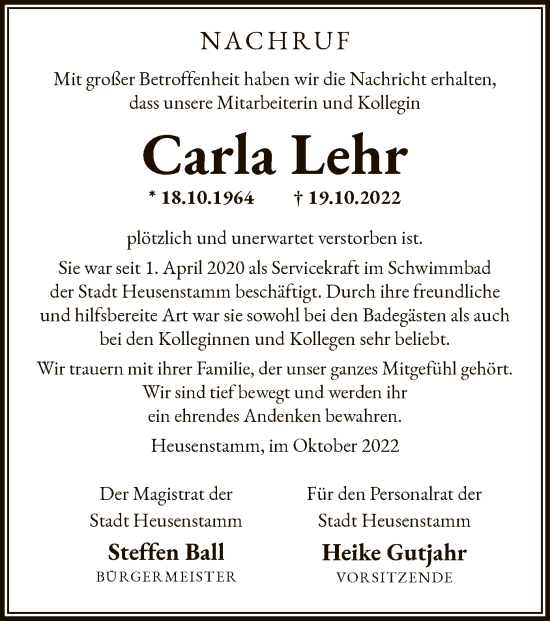 Todesanzeige von Carla Lehr von OF