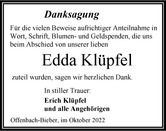 Todesanzeige von Edda Klüpfel von OF