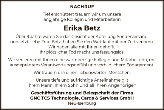 Todesanzeige von Erika Betz von OF