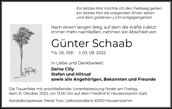 Todesanzeige von Günter Schaab von OF